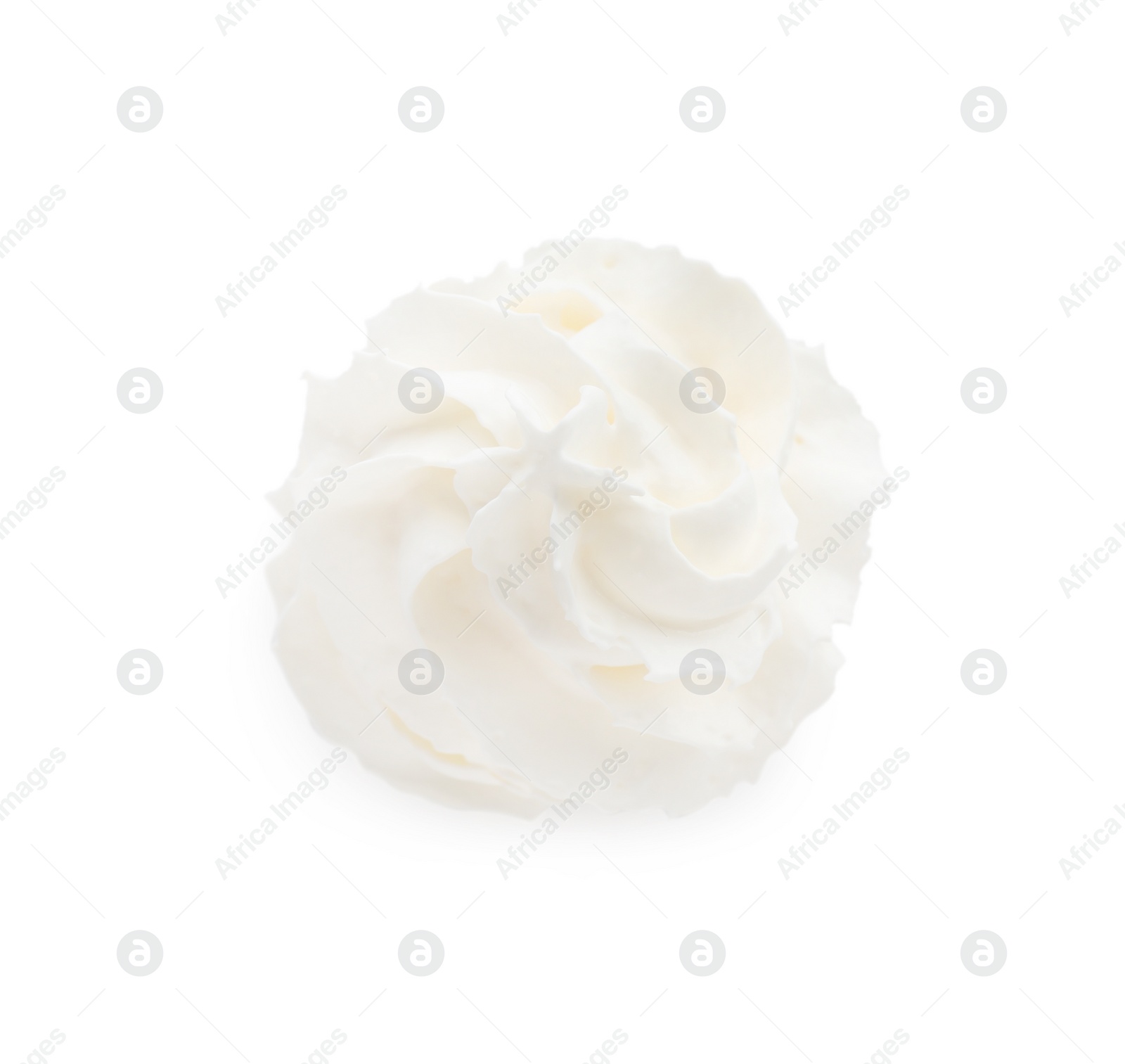 Photo of Whipped cream swirl isolated on white background, top view