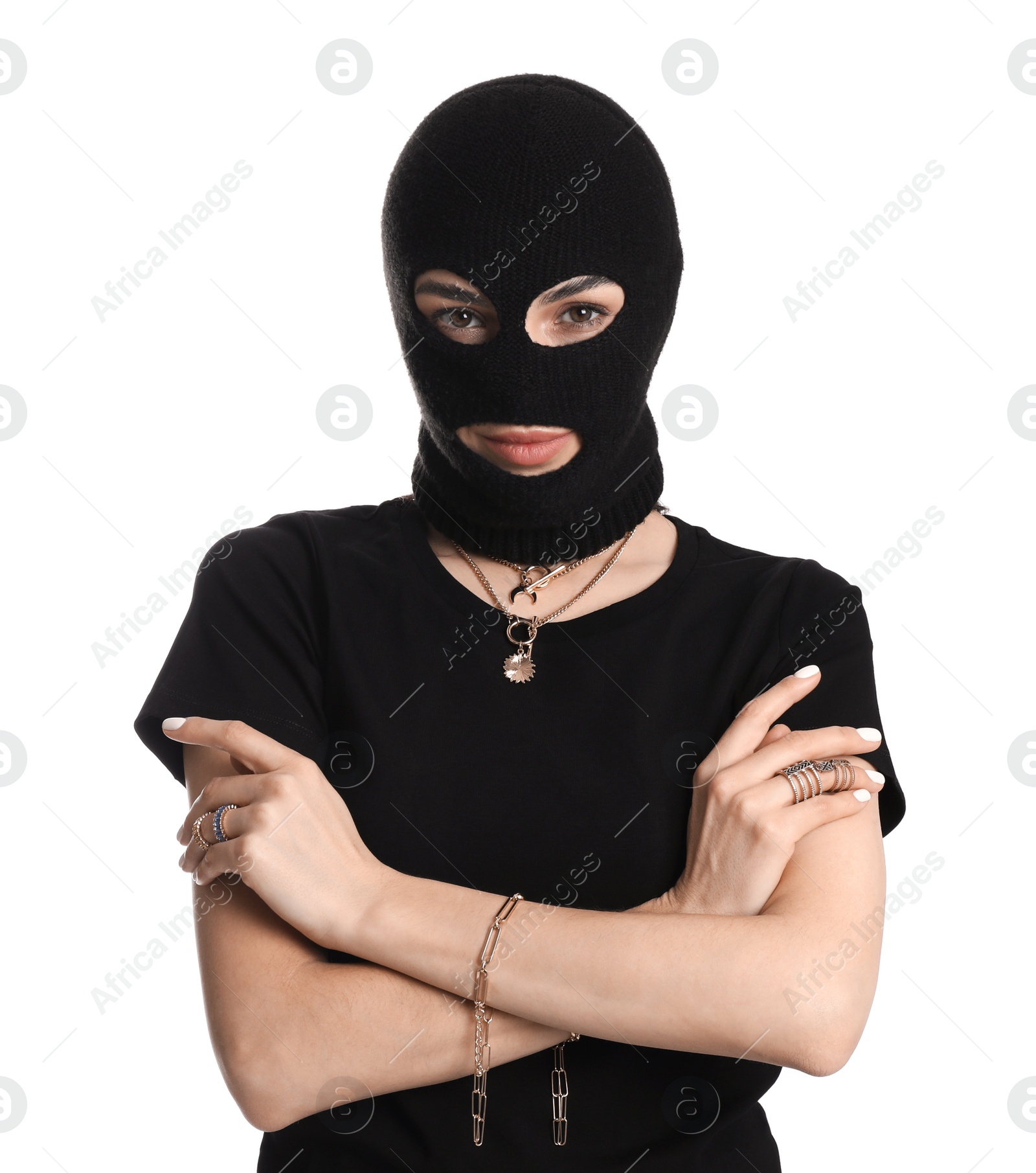 Photo of Woman wearing knitted balaclava on white background