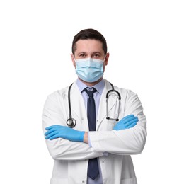 Photo of Doctor in medical mask and gloves isolated on white