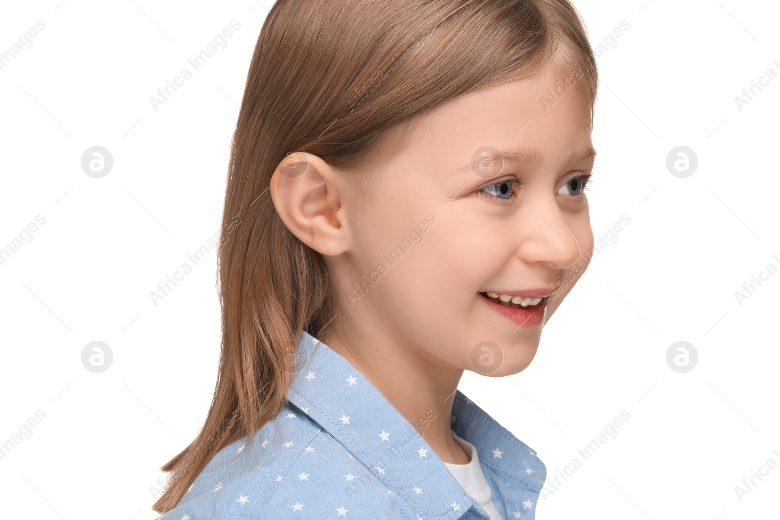 Photo of Portrait of cute little girl on white background