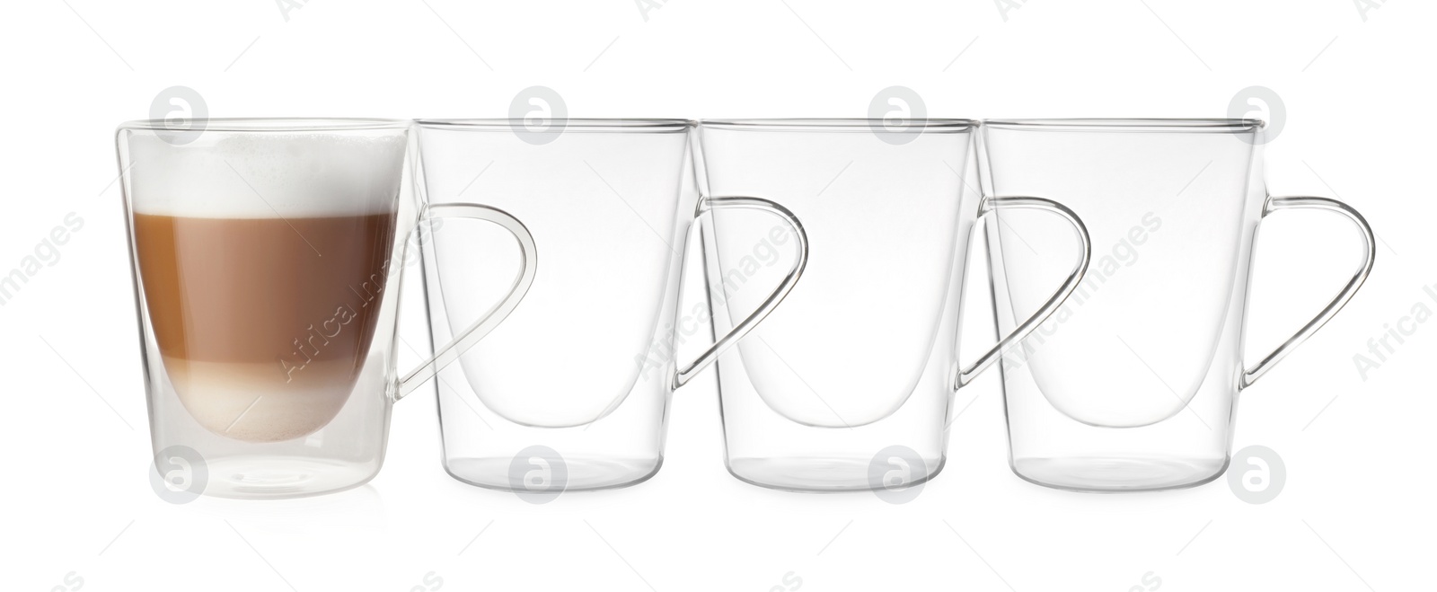 Image of Empty glass cups and one with aromatic coffee on white background. Banner design