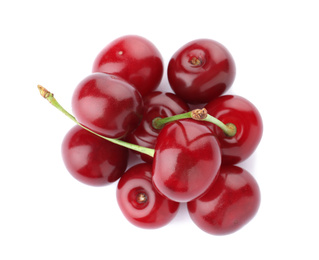 Bunch of juicy cherries on white background, top view