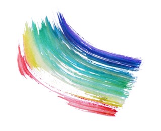 Photo of Rainbow paint stroke drawn with brush on white background, top view