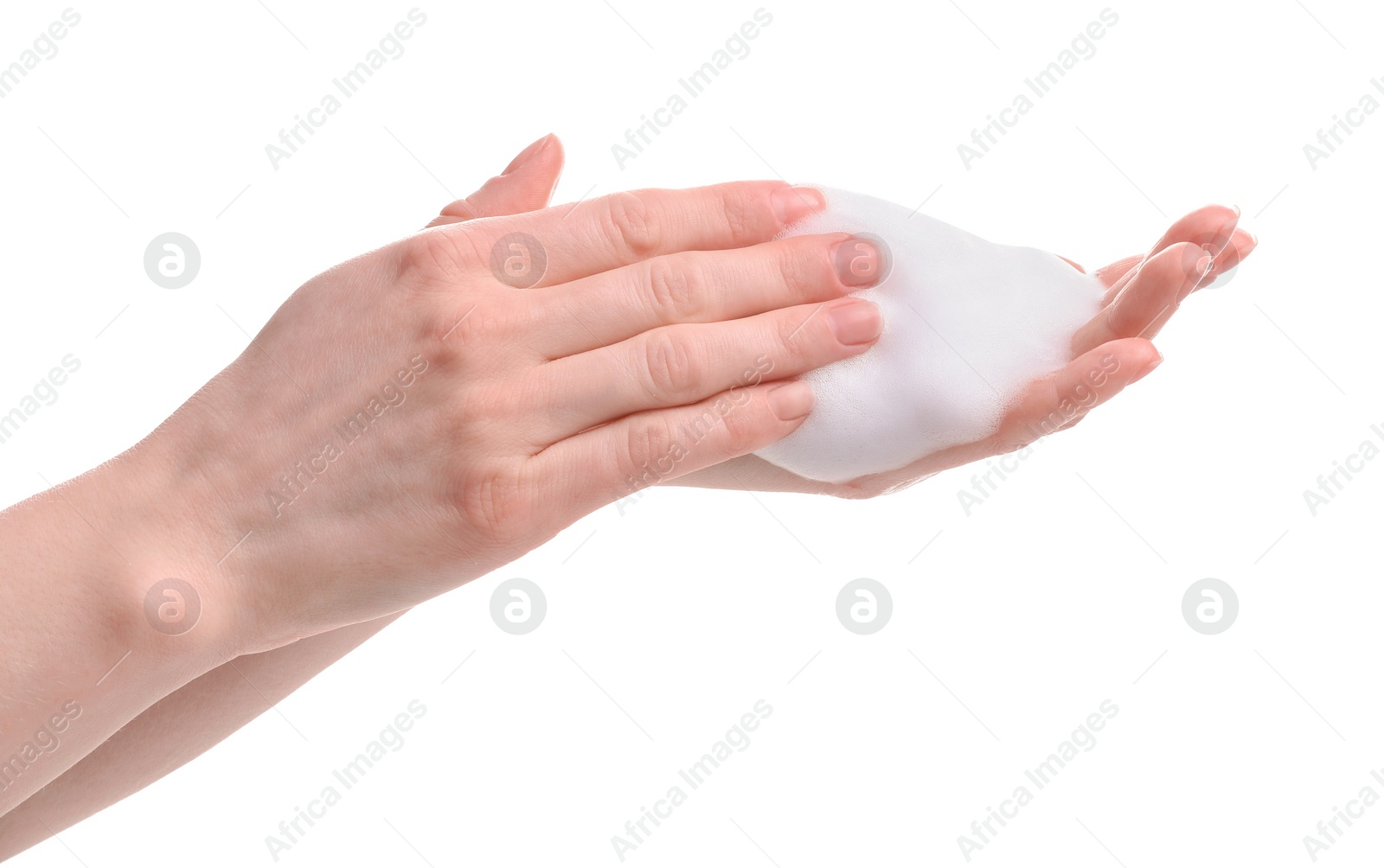 Photo of Woman with bath foam on white background, closeup