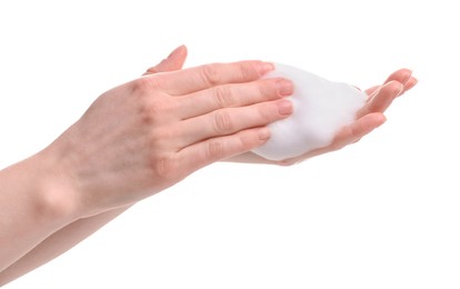 Photo of Woman with bath foam on white background, closeup