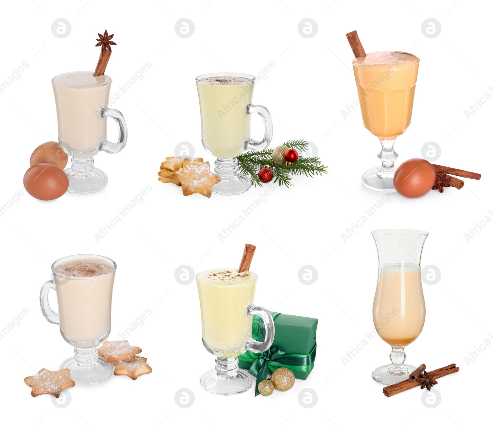 Image of Delicious eggnog in glasses isolated on white, set