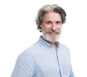 Portrait of handsome mature man on white background