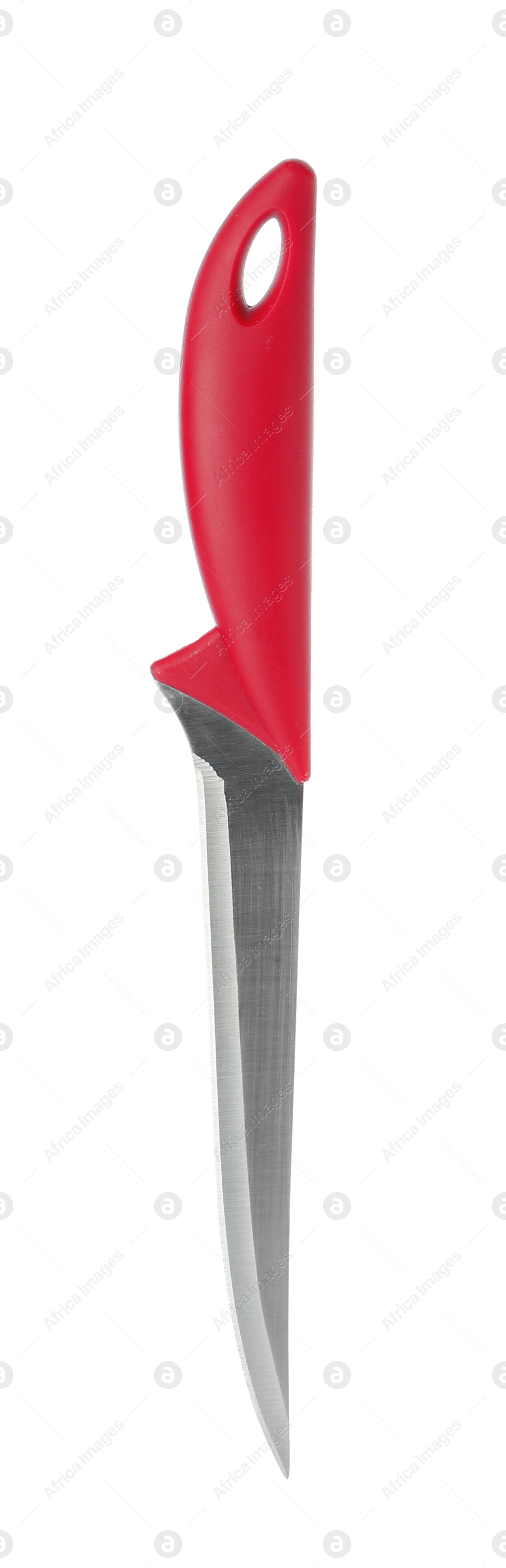 Photo of Boning knife with red handle isolated on white