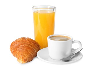 Delicious fresh croissant, cup with coffee and glass of orange juice isolated on white