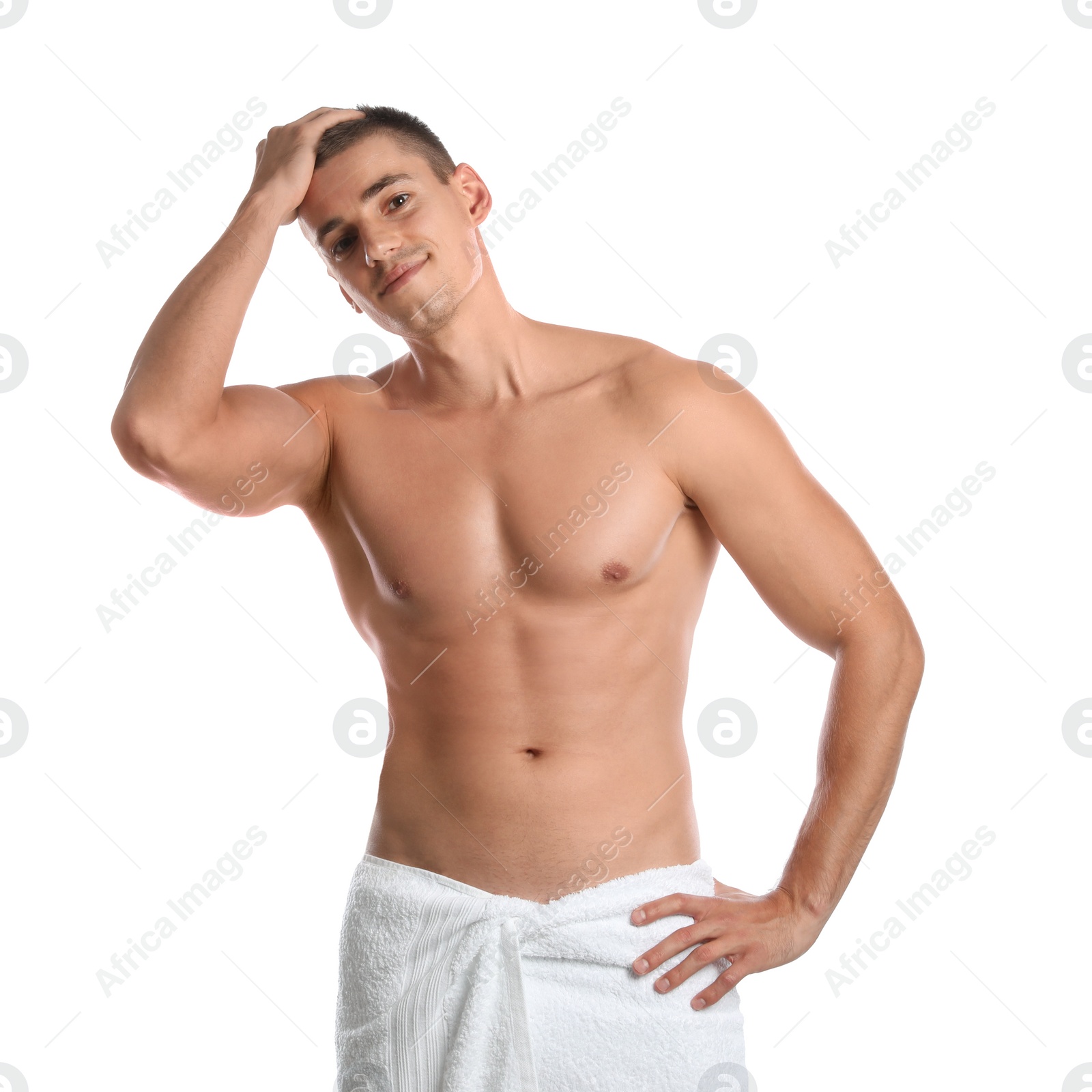 Photo of Young man with slim body on white background