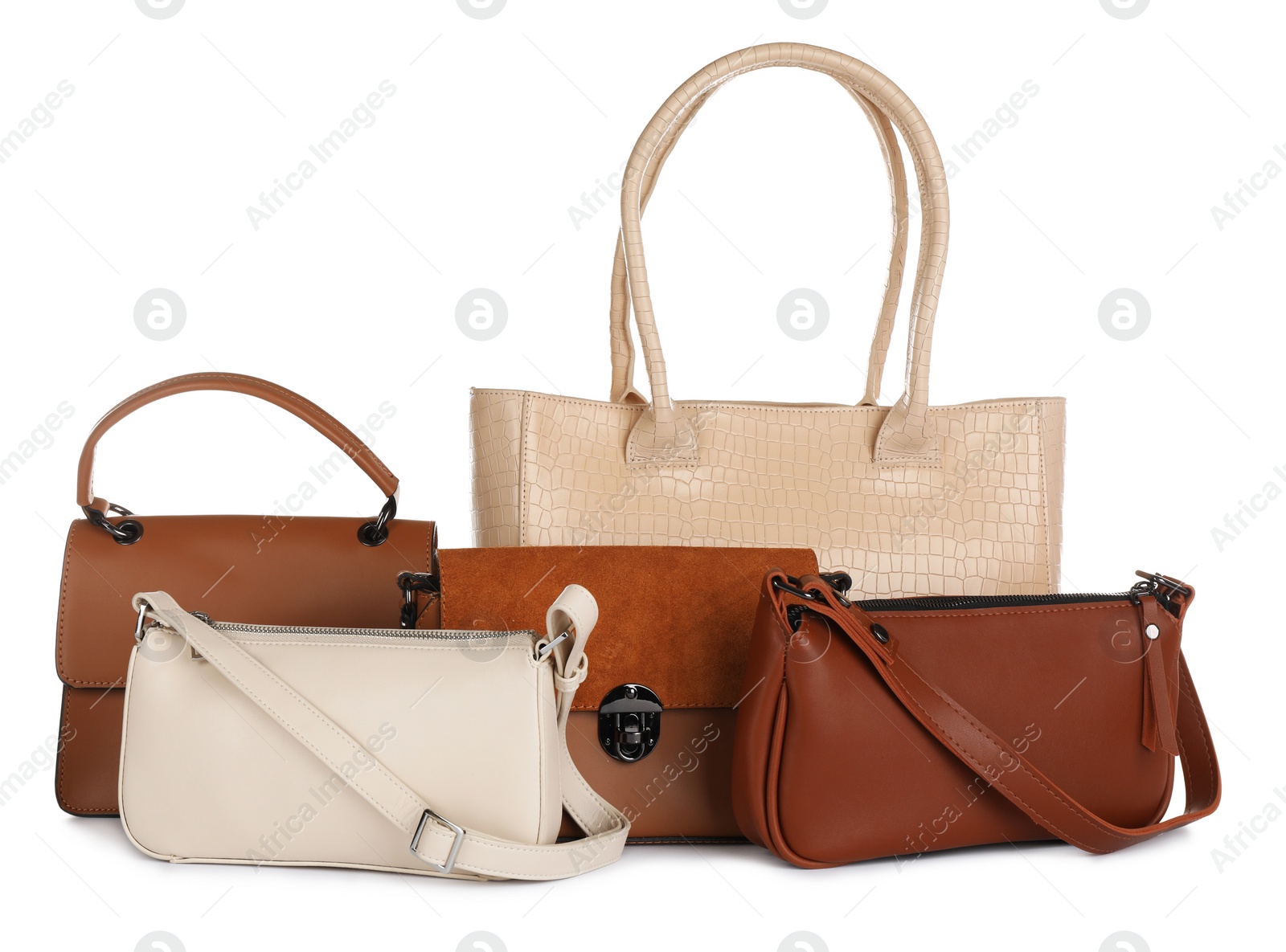 Photo of Collection of different stylish women's bags on white background