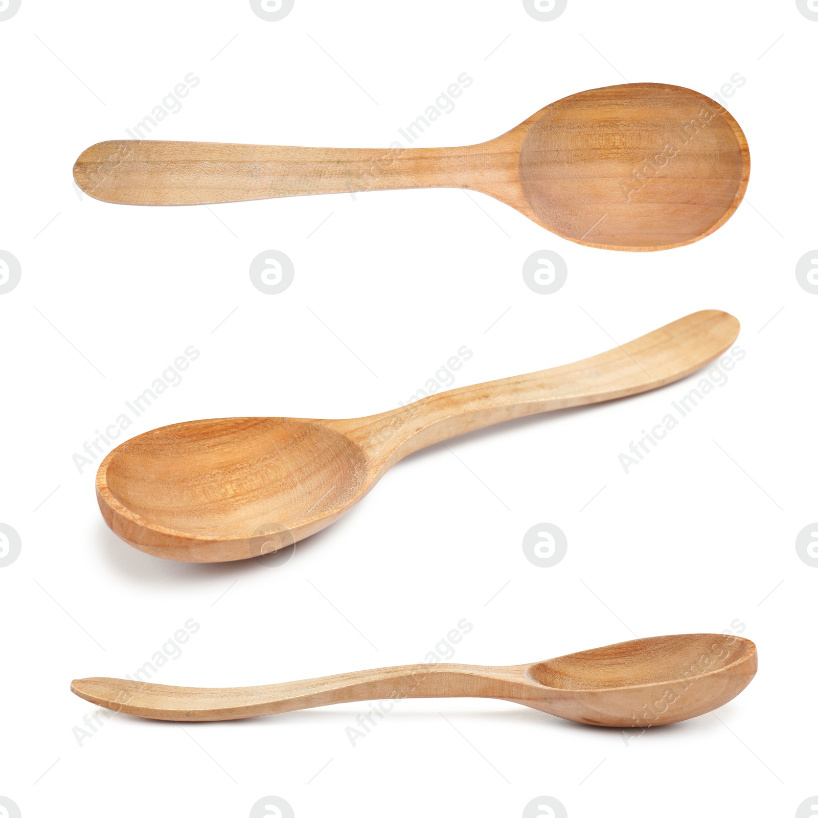 Image of Wooden spoons on white background, collage. Cooking utensil