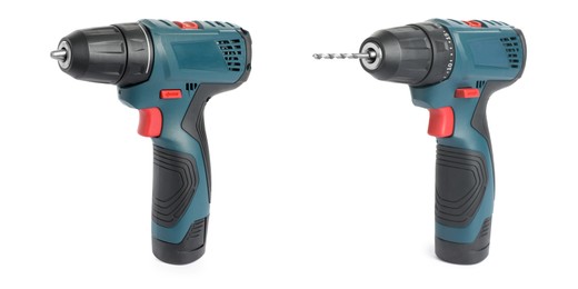Image of Set of modern electric drills on white background, banner design