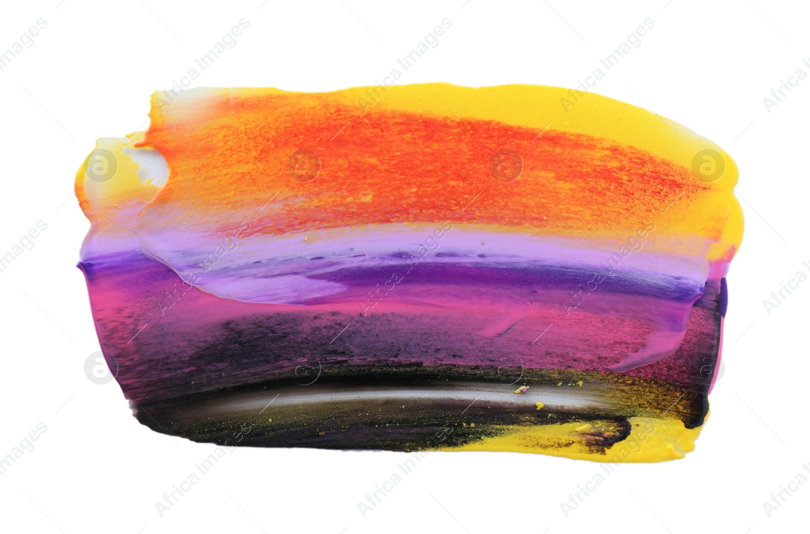 Photo of Pink, orange, yellow and purple chameleon paint samples on white background, top view