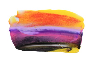 Photo of Pink, orange, yellow and purple chameleon paint samples on white background, top view