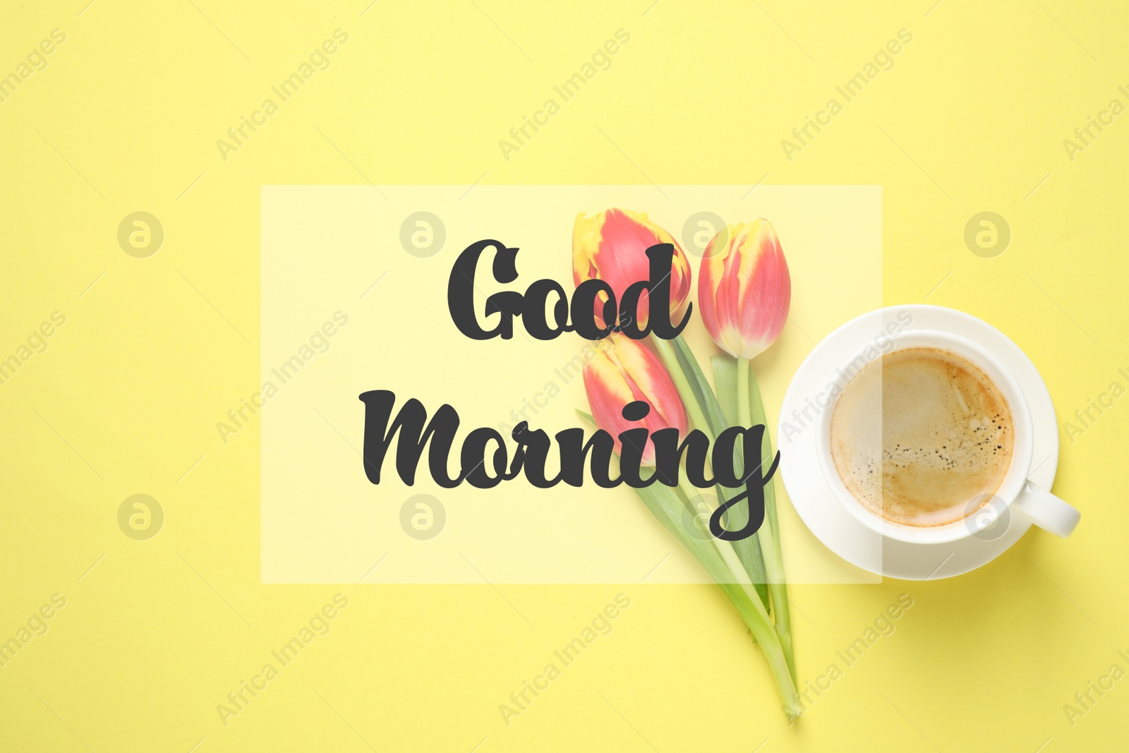 Image of Good morning. Spring tulips and coffee on yellow background, flat lay