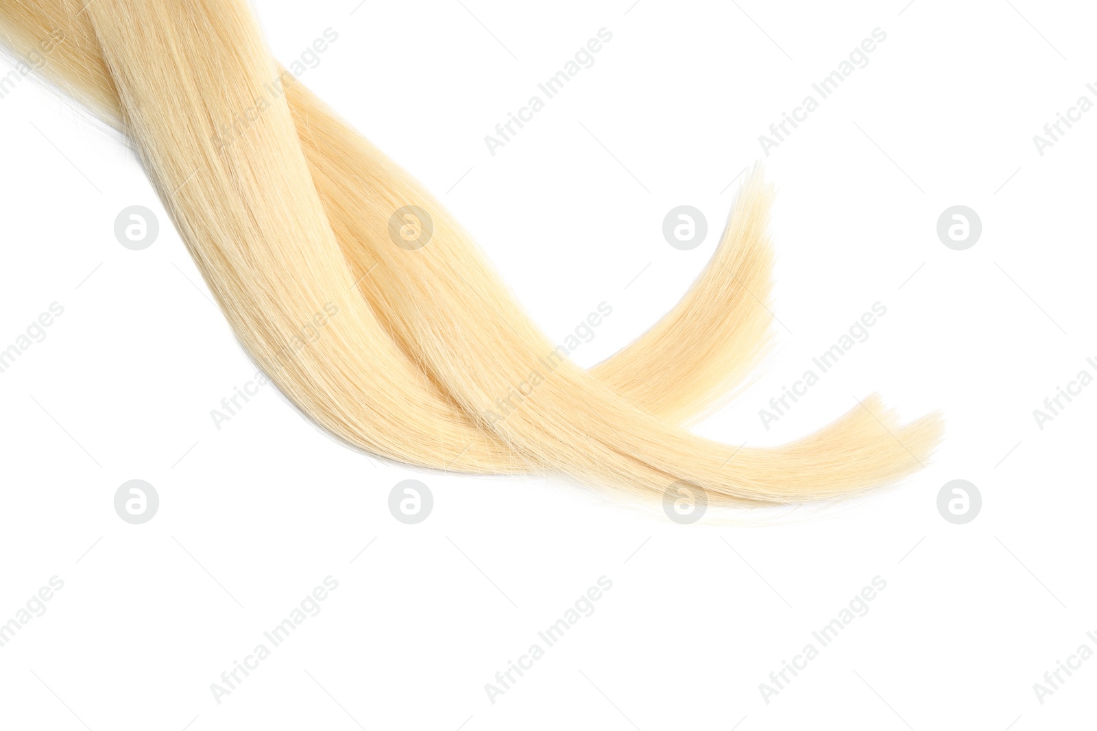 Photo of Locks of healthy blond hair on white background