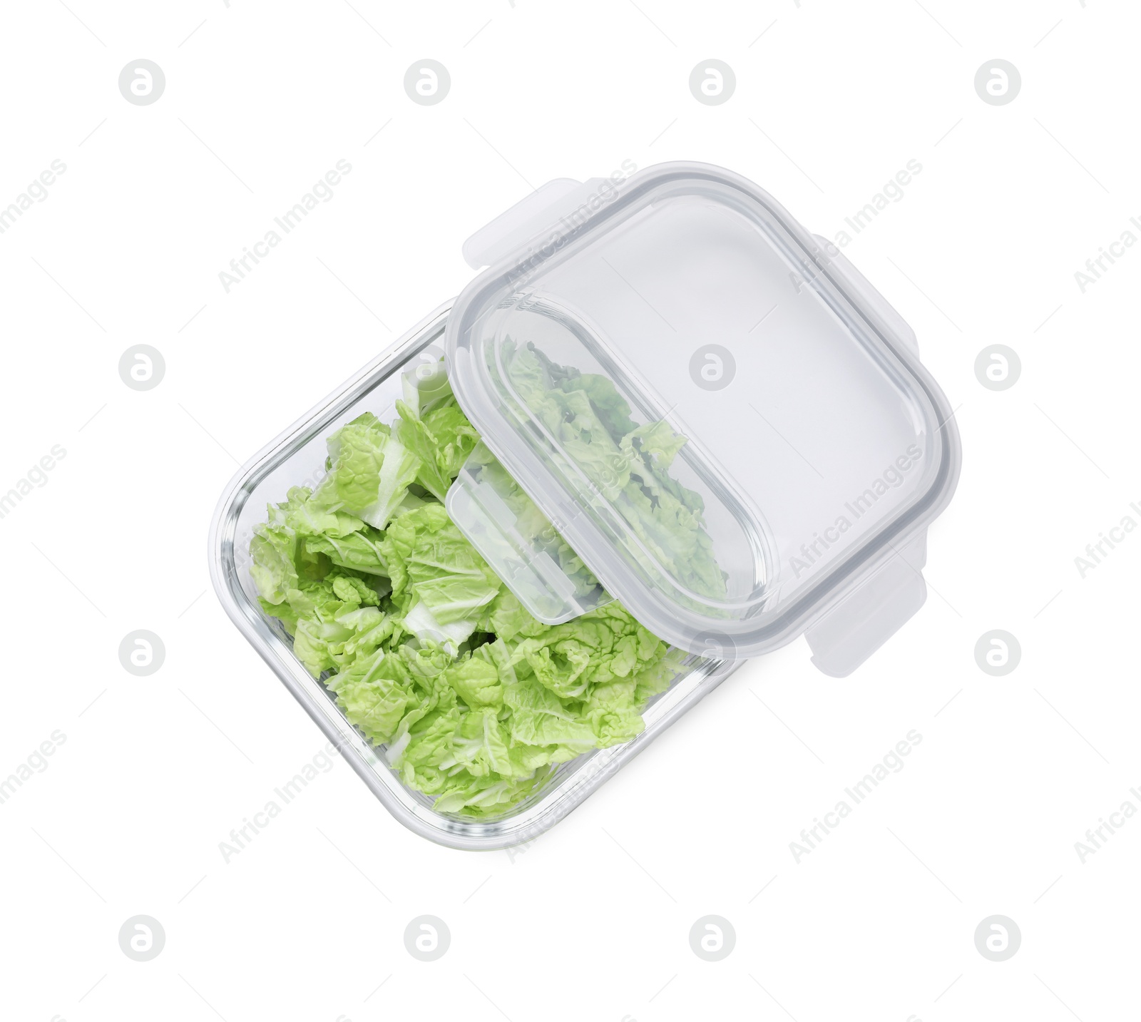 Photo of Glass container with fresh cabbage and lid isolated on white, top view