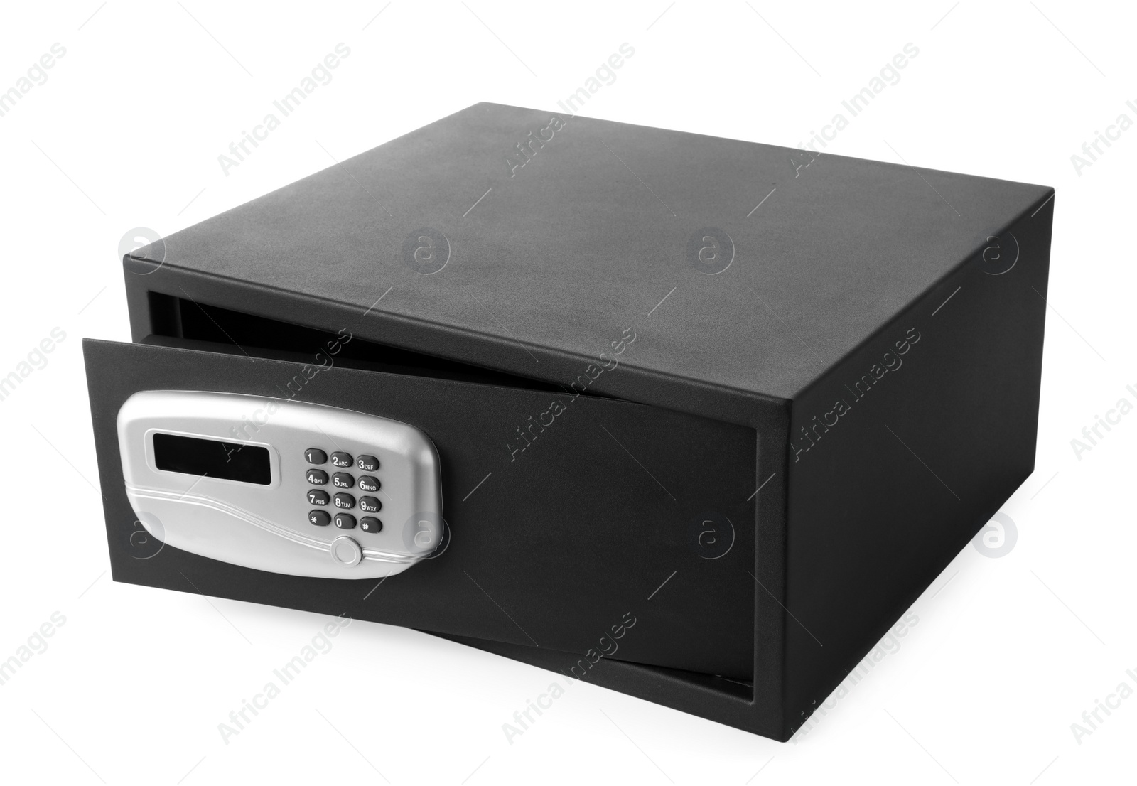 Photo of Open black steel safe with electronic lock isolated on white