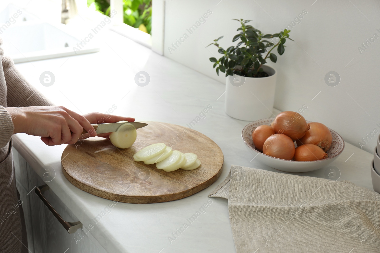 Photo of Woman cutting white onion into rings at countertop, closeup