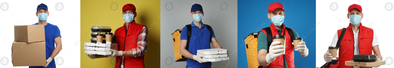 Image of Collage with photos of courier in protective mask holding orders and boxes on color backgrounds, banner design. Delivery service during coronavirus quarantine