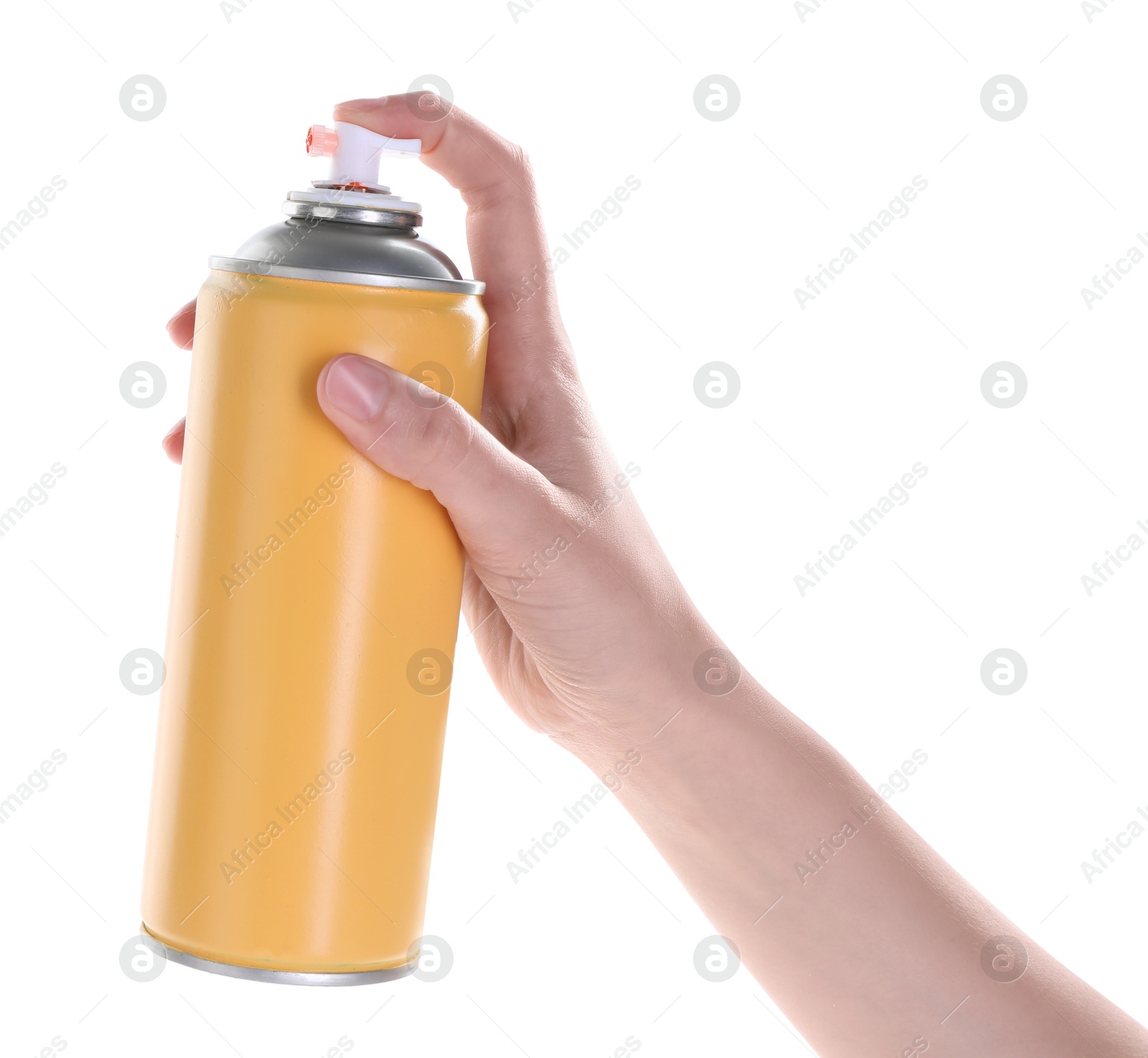 Photo of Man with can of spray paint on white background, closeup