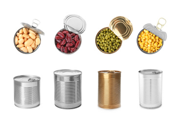 Image of Set of different canned food on white background