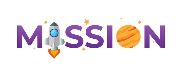 Illustration of Word Mission with illustrations of rocket and planet instead of letters I and O on white background