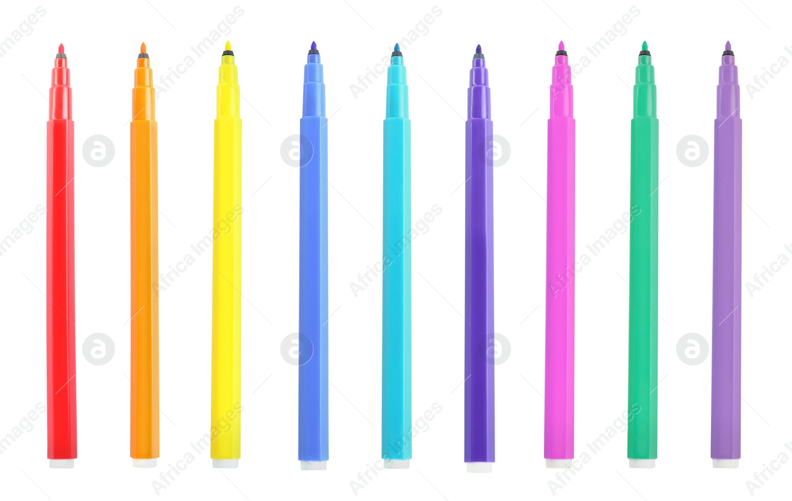 Image of Set with bright multicolored marker pens on white background