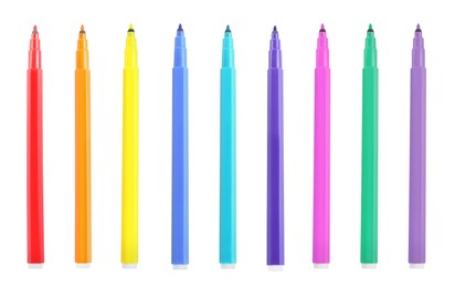 Image of Set with bright multicolored marker pens on white background