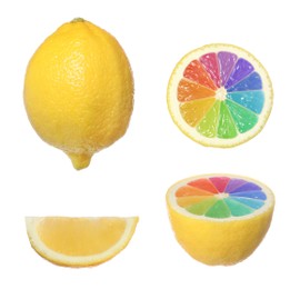 Image of Fresh ripe lemons with rainbow segments on white background. Brighten your life