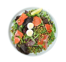 Plate of salad with mung beans isolated on white, top view