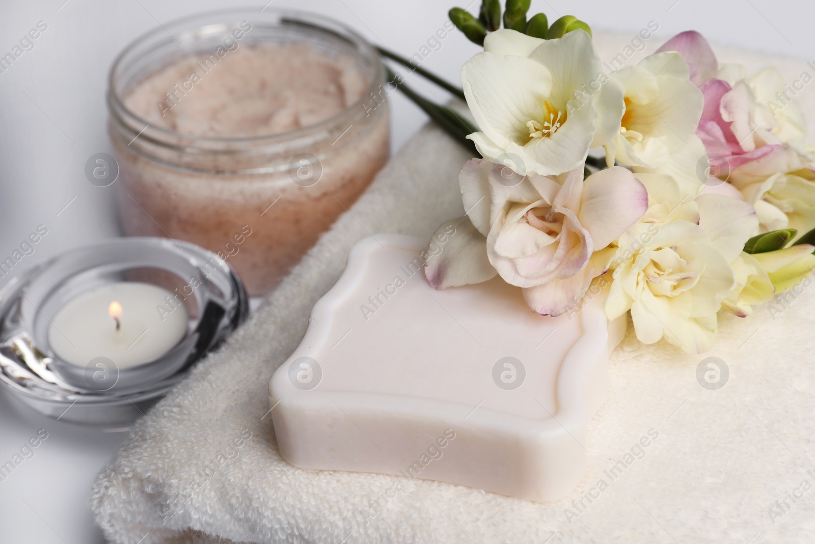 Photo of Beautiful composition with different spa products on white table, closeup