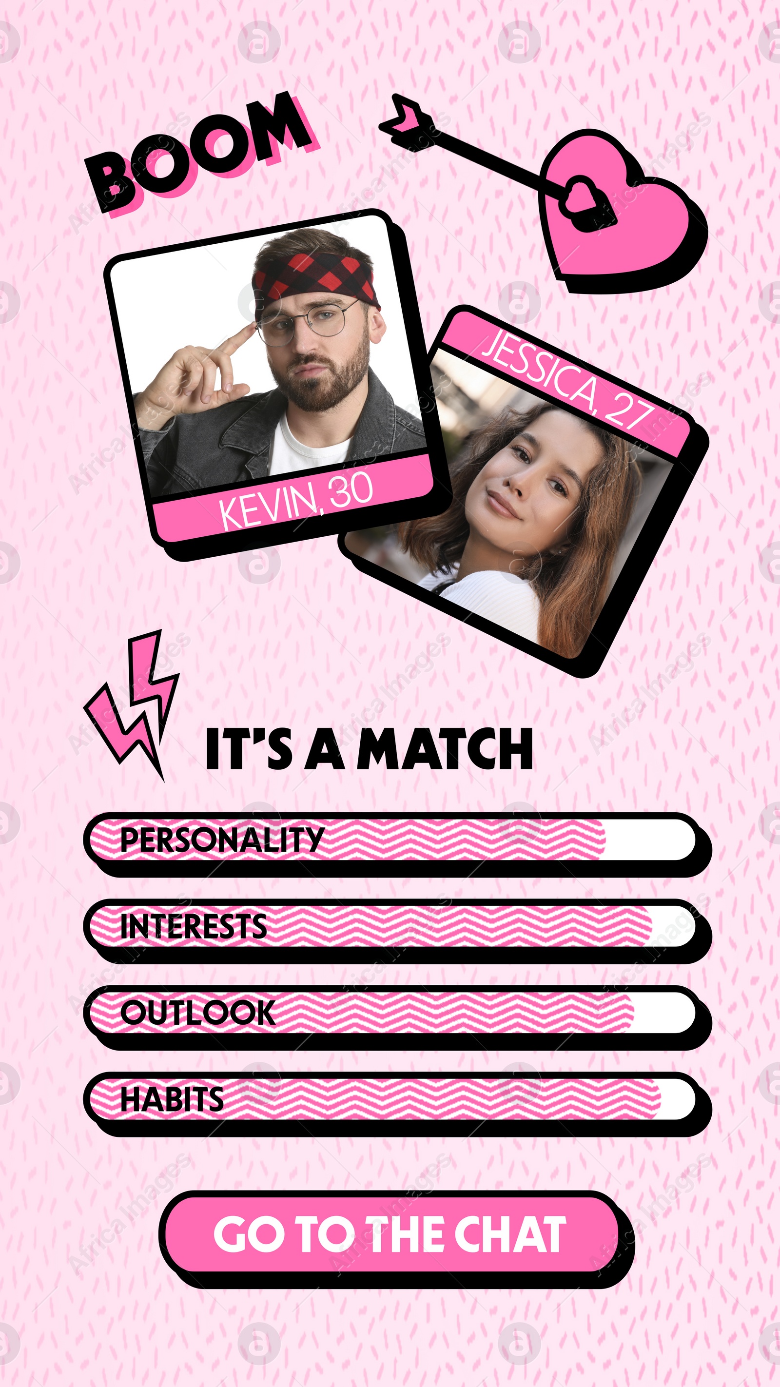 Image of Soulmate match. Dating site interface with photos of possible pair and data