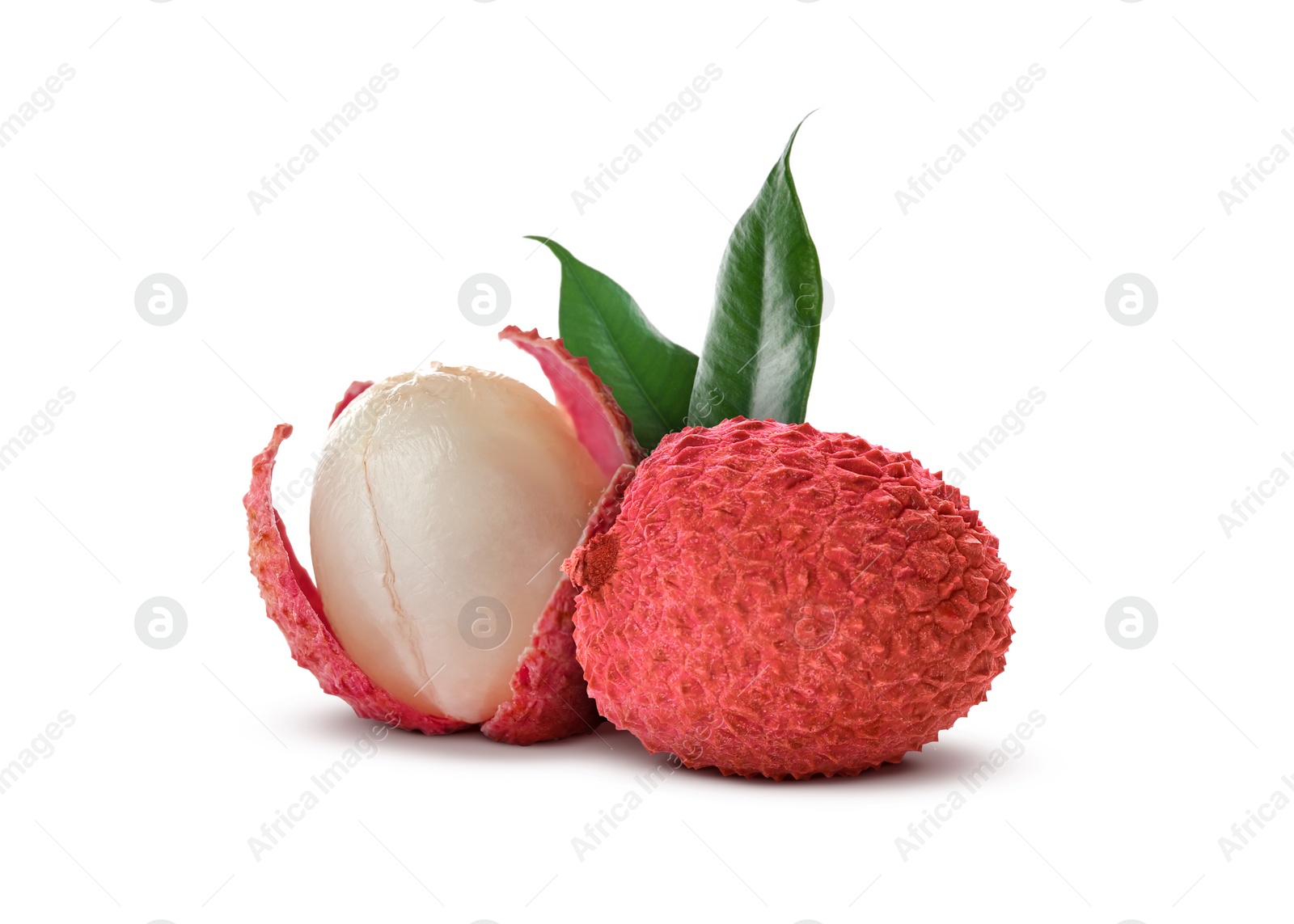 Image of Fresh lychees and green leaves isolated on white