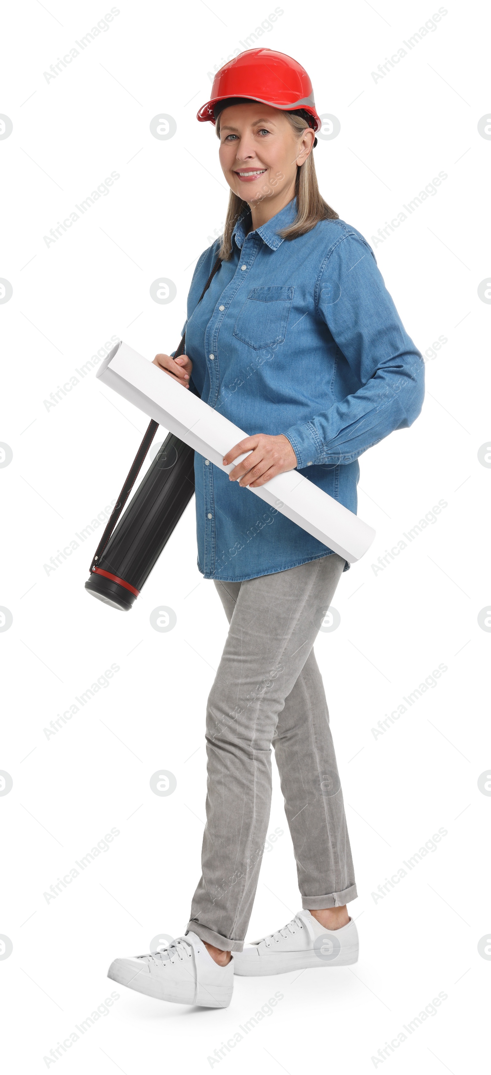 Photo of Architect in hard hat with draft and tube on white background