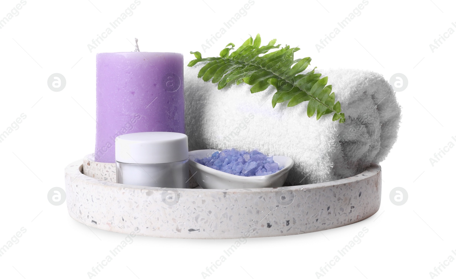 Photo of Composition with spa products and candle isolated on white