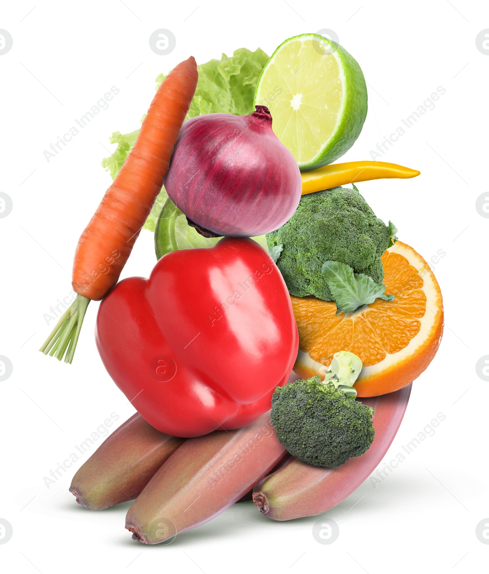 Image of Stack of different vegetables and fruits isolated on white