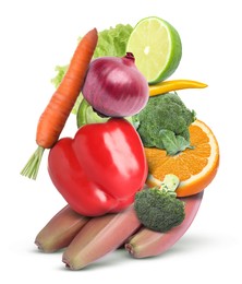 Image of Stack of different vegetables and fruits isolated on white