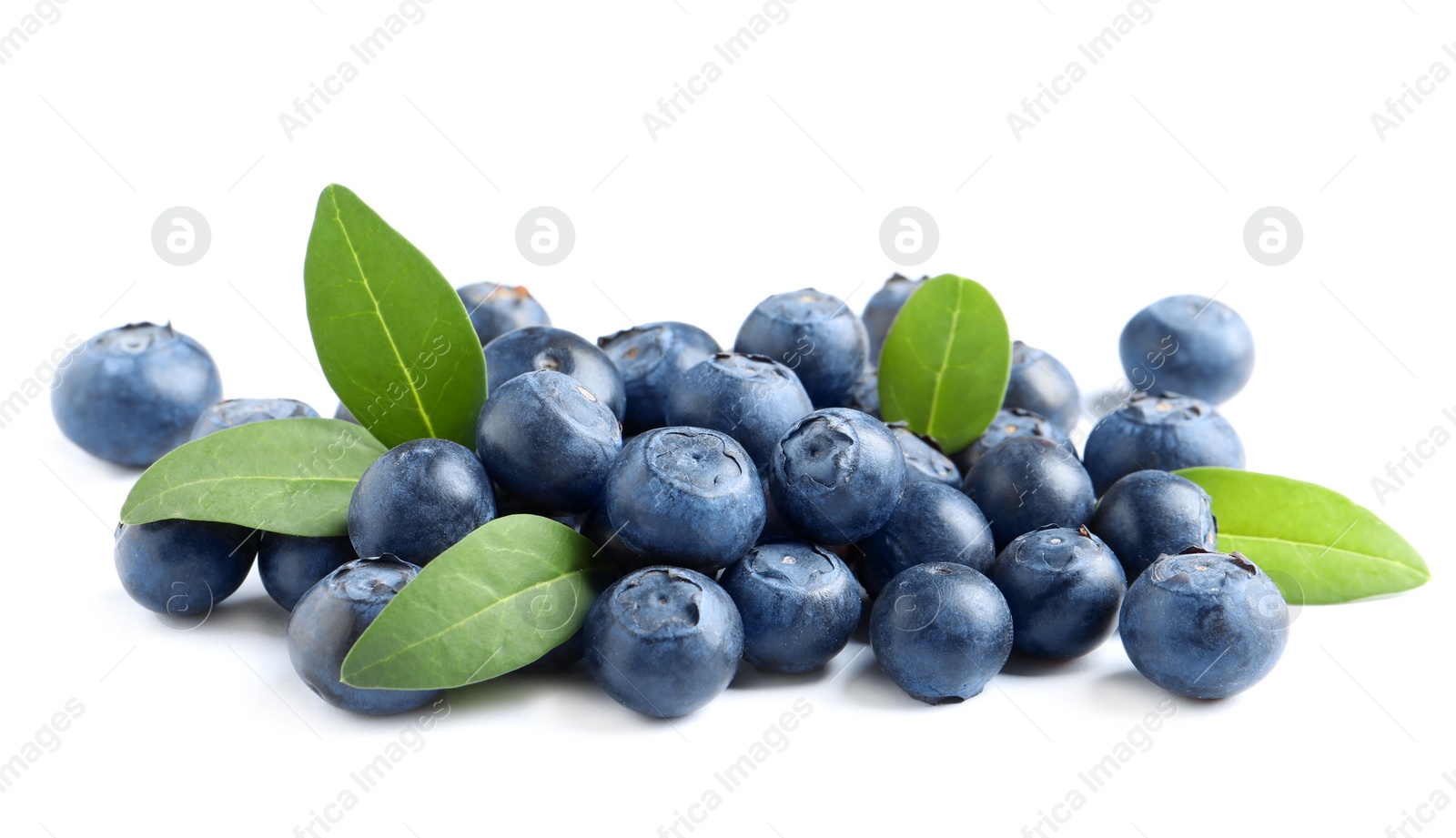 Photo of Fresh raw tasty blueberries with leaves isolated on white