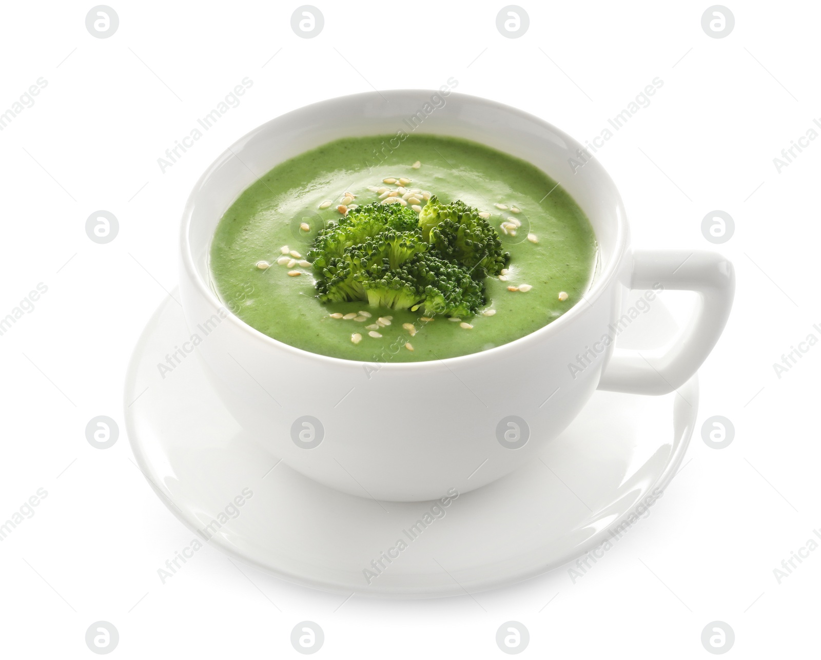 Photo of Fresh vegetable detox soup made of broccoli in dish on white background