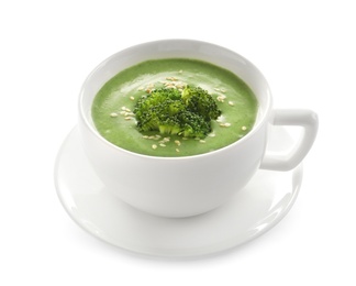 Photo of Fresh vegetable detox soup made of broccoli in dish on white background