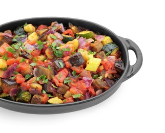 Photo of Dish with tasty ratatouille isolated on white