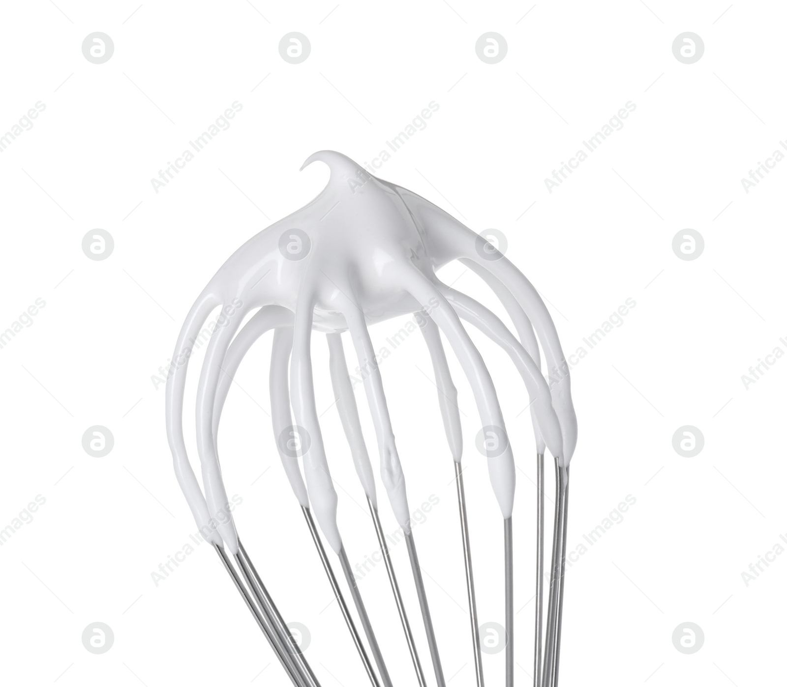 Photo of Whisk with whipped cream isolated on white