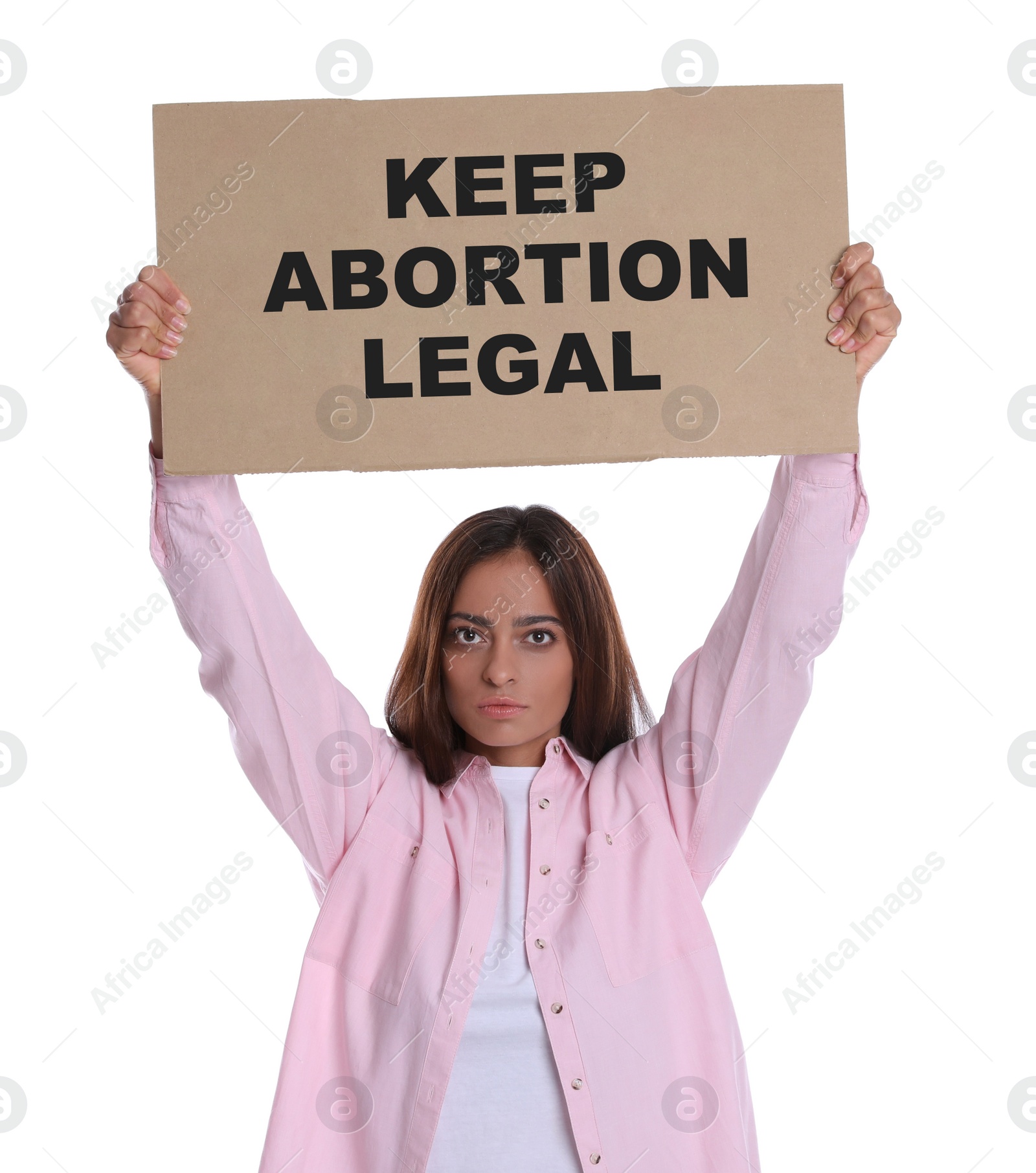 Image of Woman holding placard with phrase Keep Abortion Legal on white background. Abortion protest