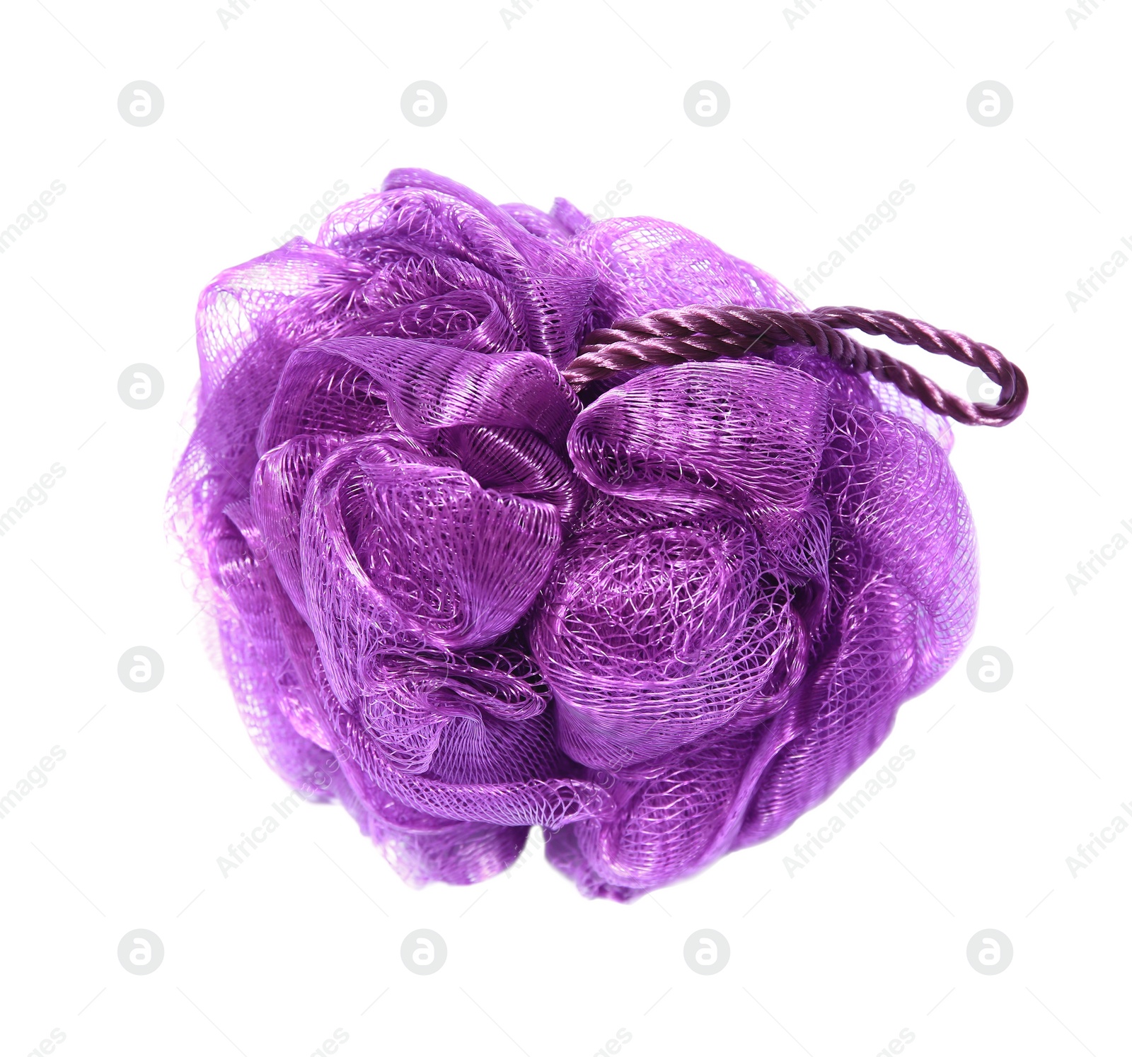 Photo of New purple shower puff isolated on white. Personal hygiene