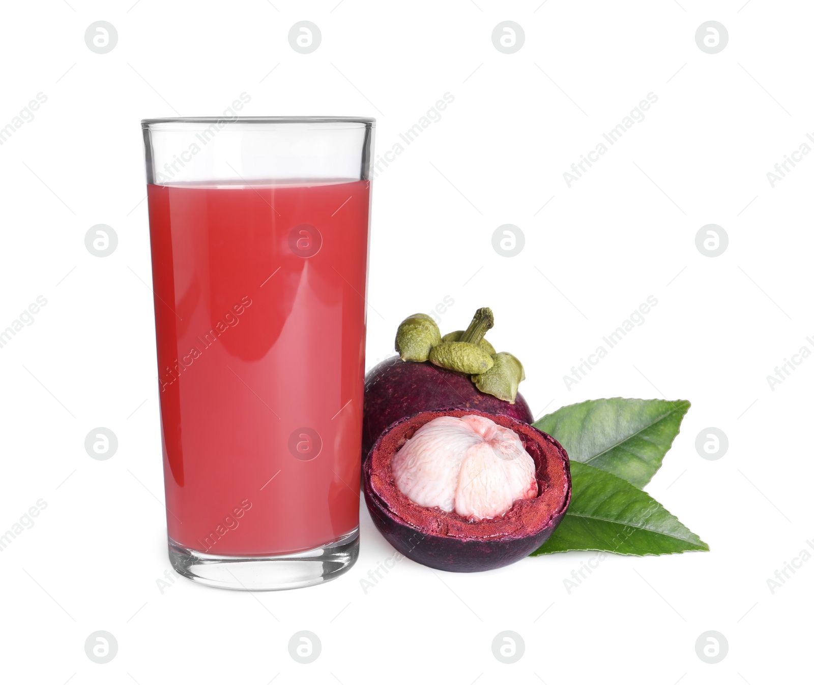 Photo of Delicious mangosteen juice and fresh fruits on white background