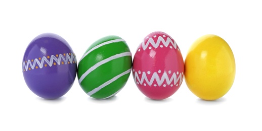 Photo of Decorated Easter eggs on white background. Festive tradition