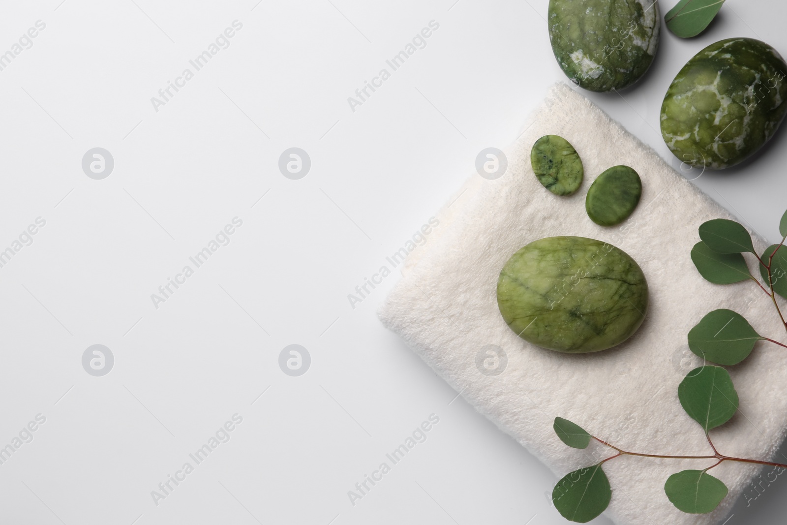 Photo of Flat lay composition with different spa products on white background. Space for text