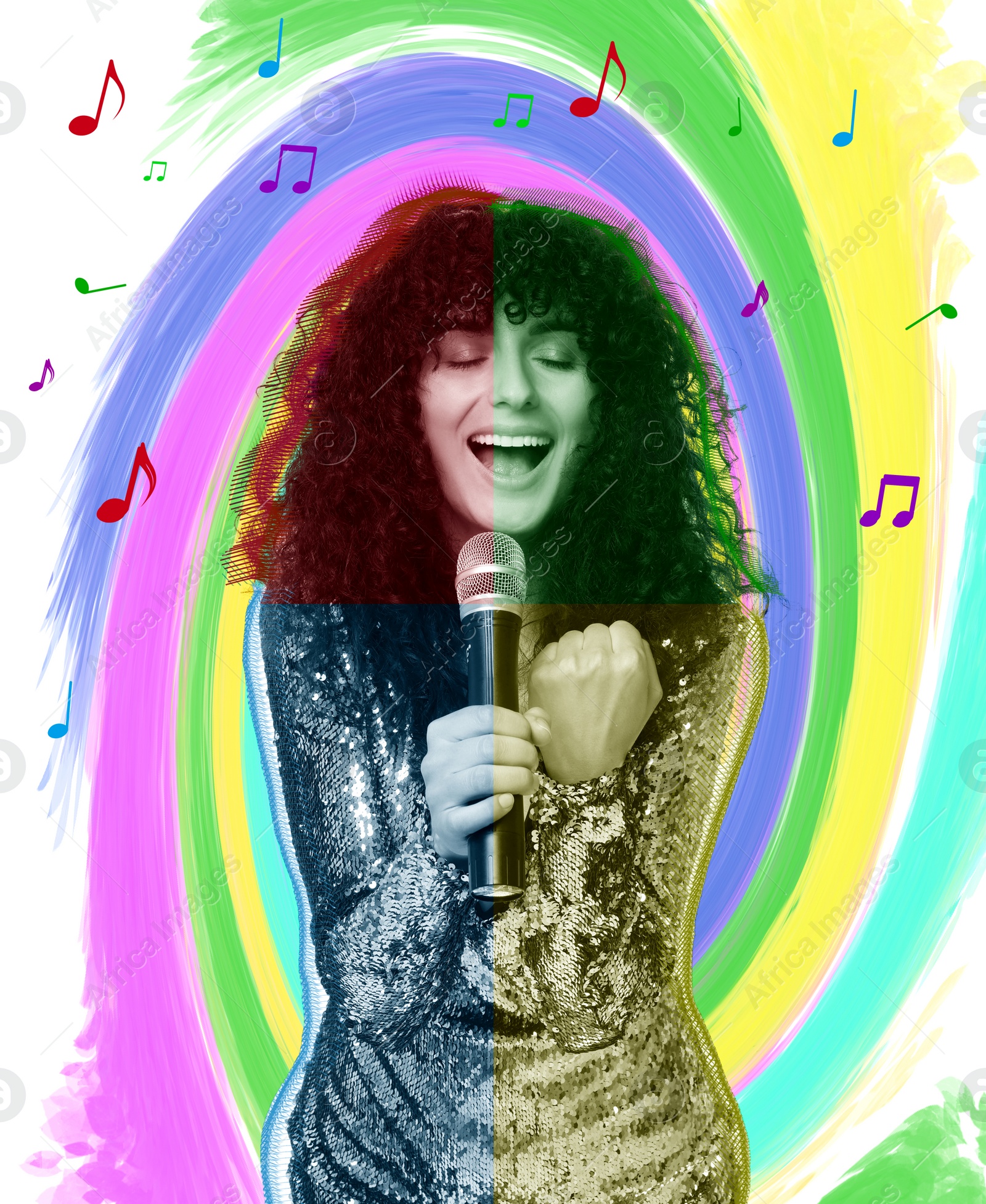 Image of Singer's performance poster. Woman with microphone on bright background